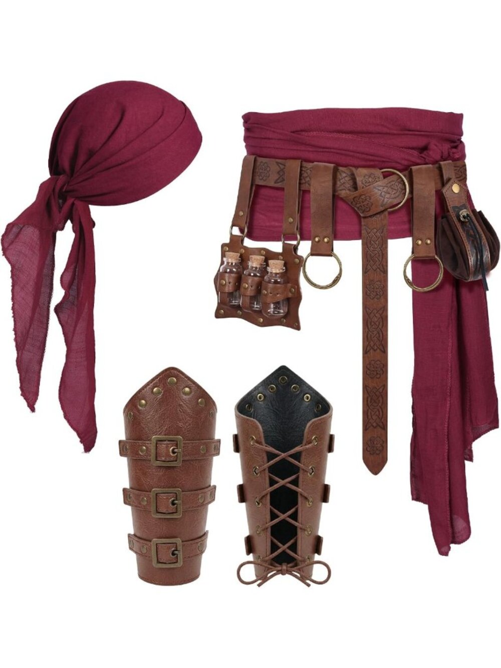 Pirate Costume Accessories Set: Bandana, Renaissance Belt & Pouch for Cosplay